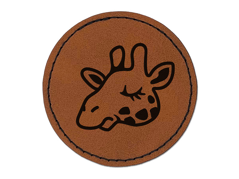 Sleepy Giraffe Head Round Iron-On Engraved Faux Leather Patch Applique - 2.5"
