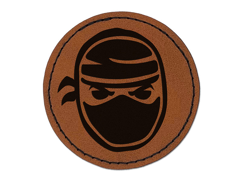 Sneaky Ninja Face Round Iron-On Engraved Faux Leather Patch Applique - 2.5"