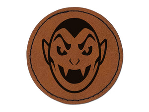 Spooky Vampire Head Halloween Round Iron-On Engraved Faux Leather Patch Applique - 2.5"