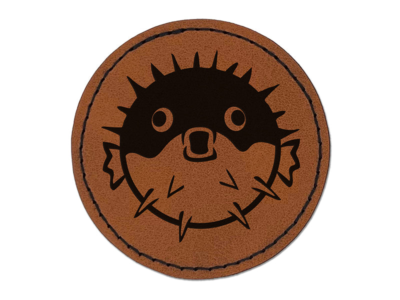 Startled Puffer Fish Round Iron-On Engraved Faux Leather Patch Applique - 2.5"