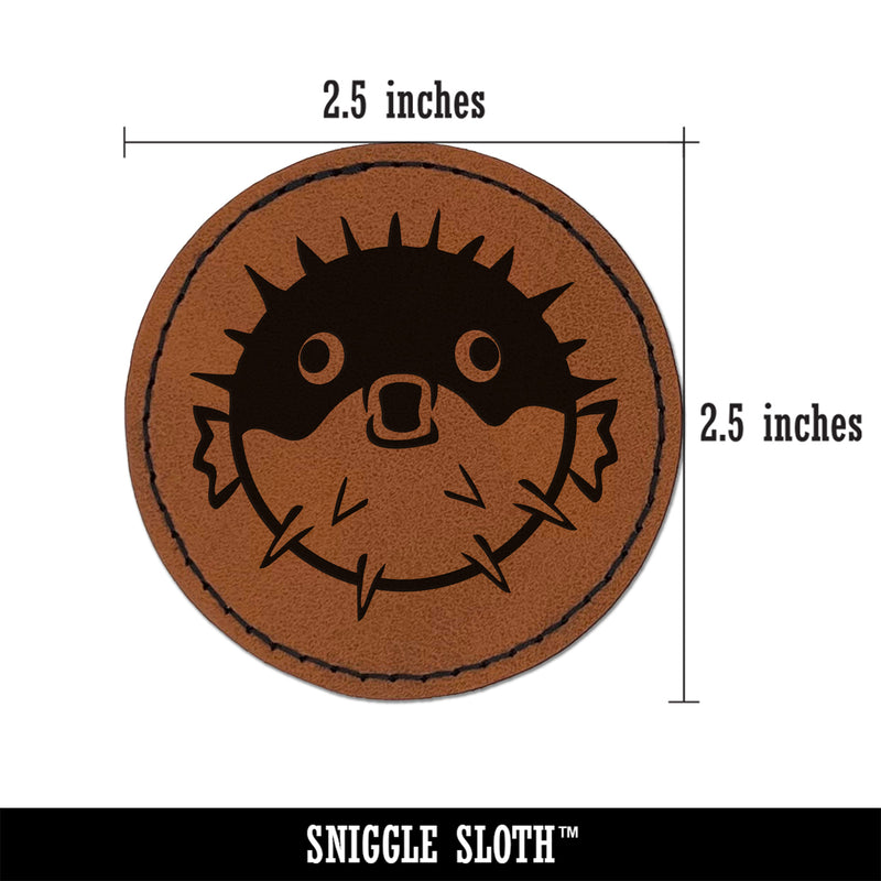 Startled Puffer Fish Round Iron-On Engraved Faux Leather Patch Applique - 2.5"