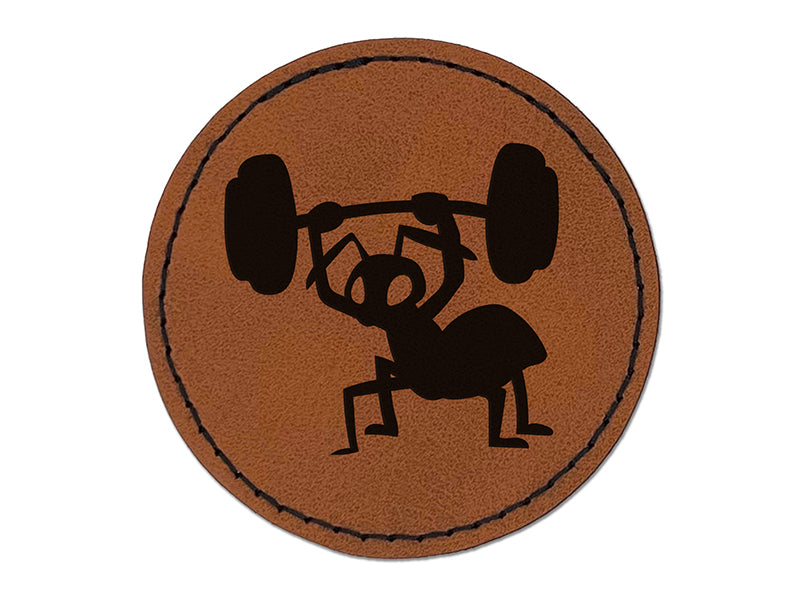Strong Ant Lifting Barbell Round Iron-On Engraved Faux Leather Patch Applique - 2.5"