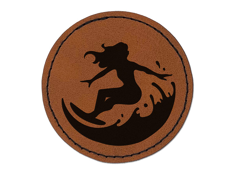 Surfing Surfer Girl on Wave Round Iron-On Engraved Faux Leather Patch Applique - 2.5"