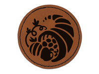 Thanksgiving Fall Cornucopia Round Iron-On Engraved Faux Leather Patch Applique - 2.5"