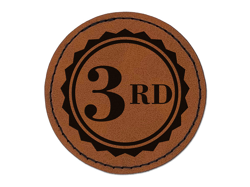 Third 3rd Place Circle Award Round Iron-On Engraved Faux Leather Patch Applique - 2.5"