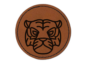 Tiger Head Icon Round Iron-On Engraved Faux Leather Patch Applique - 2.5"