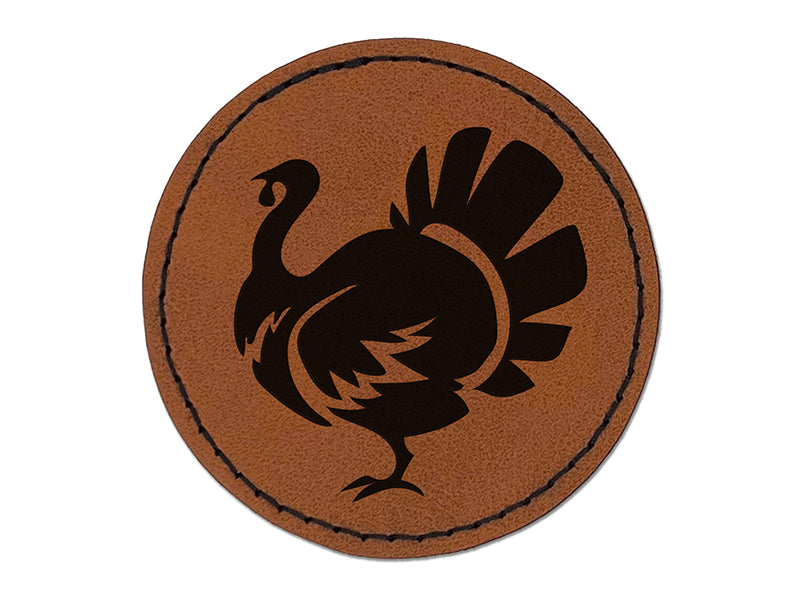 Turkey Silhouette Thanksgiving Round Iron-On Engraved Faux Leather Patch Applique - 2.5"