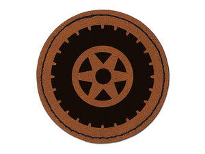 Wheel Tire Icon Round Iron-On Engraved Faux Leather Patch Applique - 2.5"