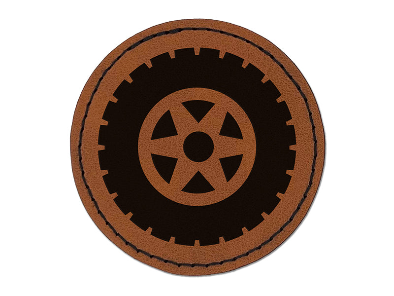 Wheel Tire Icon Round Iron-On Engraved Faux Leather Patch Applique - 2.5"