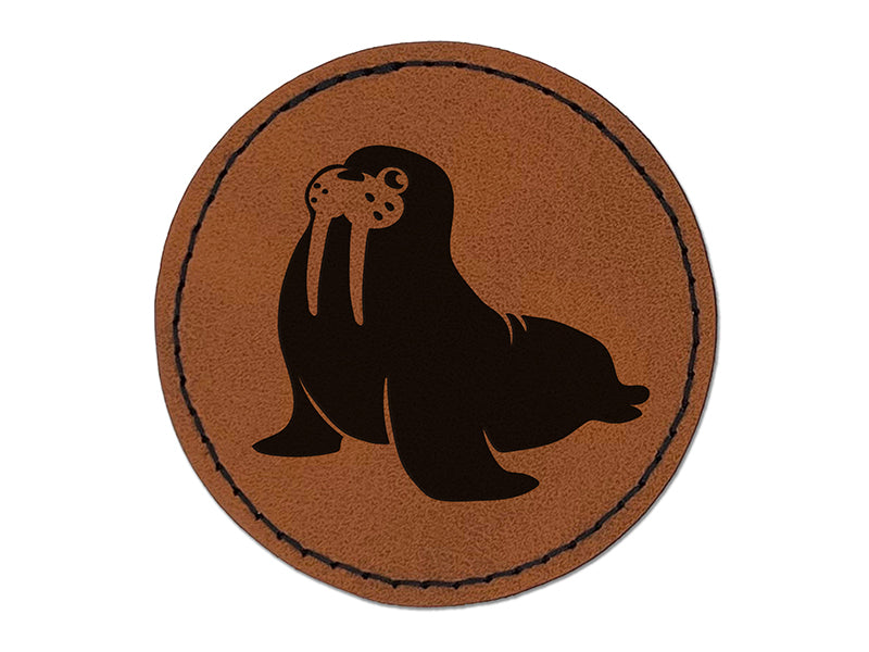 Wobbly Walrus Round Iron-On Engraved Faux Leather Patch Applique - 2.5"