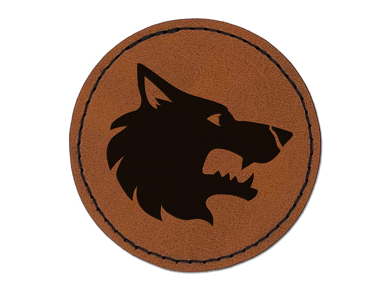 Wolf Head Side Profile Round Iron-On Engraved Faux Leather Patch Applique - 2.5"