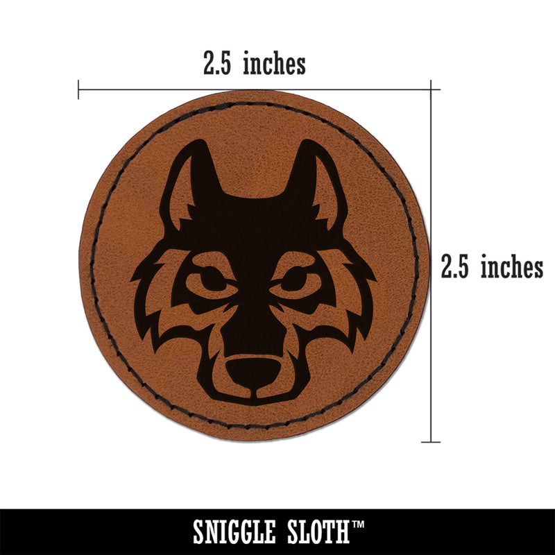 Wolf Head Round Iron-On Engraved Faux Leather Patch Applique - 2.5"