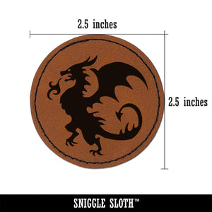 Wyvern Dragon Fantasy Silhouette Round Iron-On Engraved Faux Leather Patch Applique - 2.5"