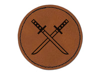 Ninjato Katana Ninja Swords Round Iron-On Engraved Faux Leather Patch Applique - 2.5"