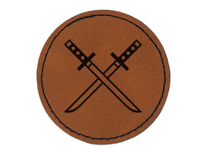 Ninjato Katana Ninja Swords Round Iron-On Engraved Faux Leather Patch Applique - 2.5"