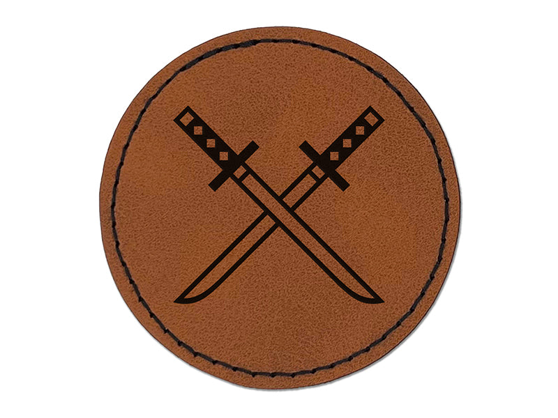 Ninjato Katana Ninja Swords Round Iron-On Engraved Faux Leather Patch Applique - 2.5"