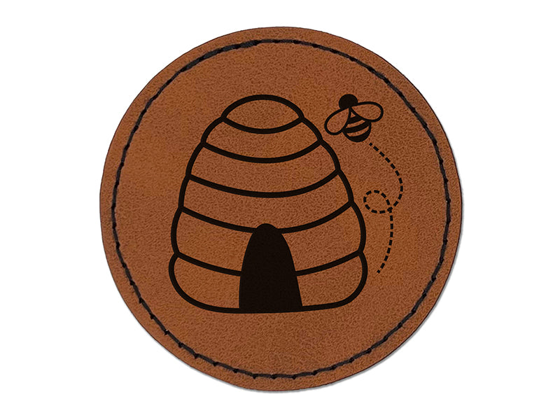 Bee Hive with Bee Round Iron-On Engraved Faux Leather Patch Applique - 2.5"