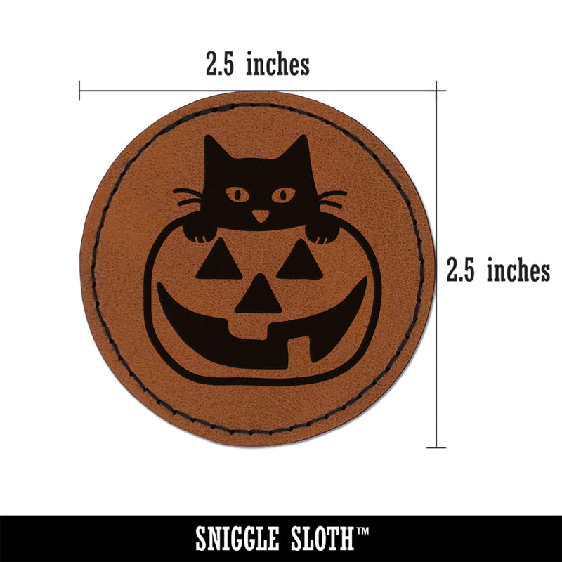 Cat in Pumpkin Halloween Round Iron-On Engraved Faux Leather Patch Applique - 2.5"