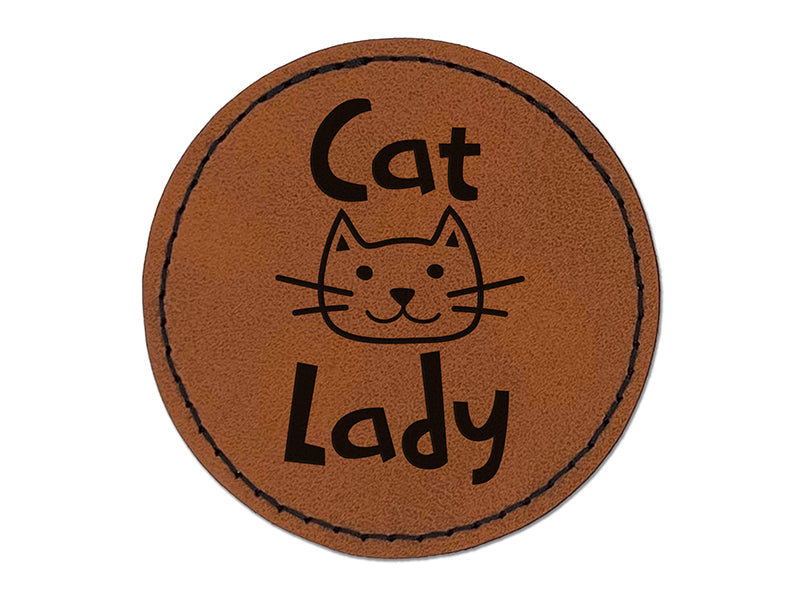 Cat Lady Cuteness Round Iron-On Engraved Faux Leather Patch Applique - 2.5"