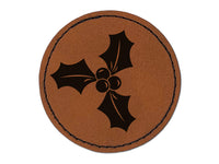 Christmas Holly Round Iron-On Engraved Faux Leather Patch Applique - 2.5"