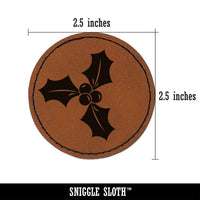 Christmas Holly Round Iron-On Engraved Faux Leather Patch Applique - 2.5"