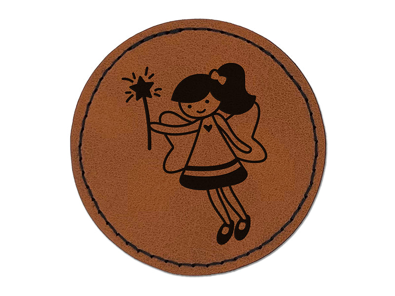 Sweet Fairy with Wand Round Iron-On Engraved Faux Leather Patch Applique - 2.5"