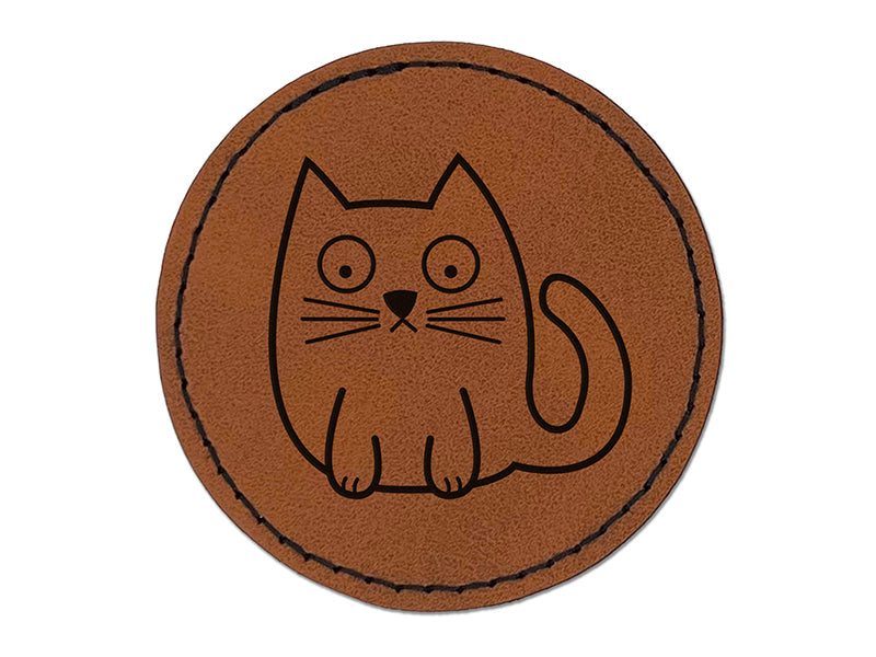Wary Kitty Cat Round Iron-On Engraved Faux Leather Patch Applique - 2.5"