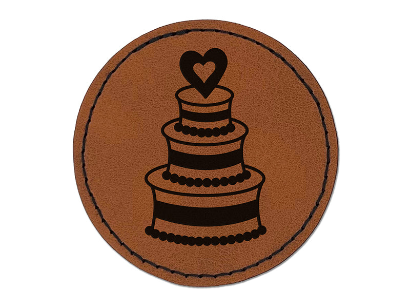 Wedding Cake with Heart Round Iron-On Engraved Faux Leather Patch Applique - 2.5"