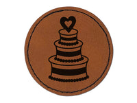 Wedding Cake with Heart Round Iron-On Engraved Faux Leather Patch Applique - 2.5"