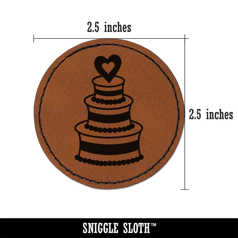 Wedding Cake with Heart Round Iron-On Engraved Faux Leather Patch Applique - 2.5"