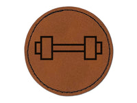 Dumbbell Barbell Weight Lifting Outline Round Iron-On Engraved Faux Leather Patch Applique - 2.5"