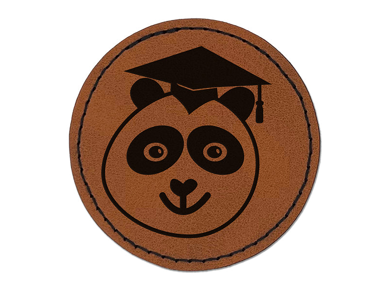 Graduation Panda Round Iron-On Engraved Faux Leather Patch Applique - 2.5"