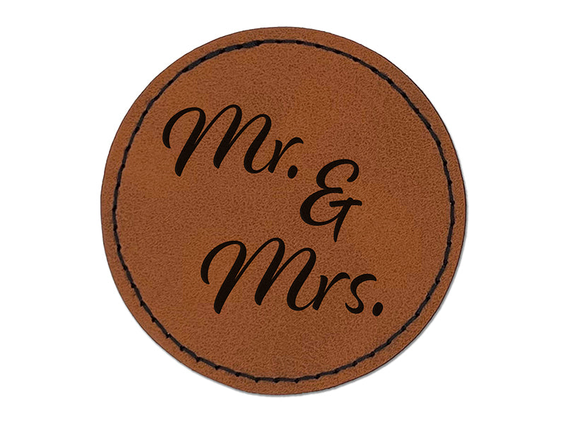 Mr. and Mrs. Married Couple Wedding Anniversary Round Iron-On Engraved Faux Leather Patch Applique - 2.5"