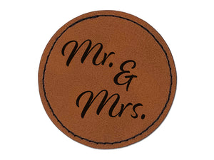 Mr. and Mrs. Married Couple Wedding Anniversary Round Iron-On Engraved Faux Leather Patch Applique - 2.5"