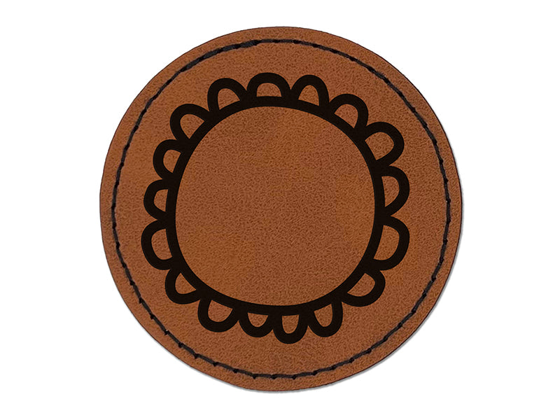 Scalloped Circle Frame Doodle Round Iron-On Engraved Faux Leather Patch Applique - 2.5"