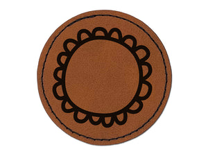 Scalloped Circle Frame Doodle Round Iron-On Engraved Faux Leather Patch Applique - 2.5"