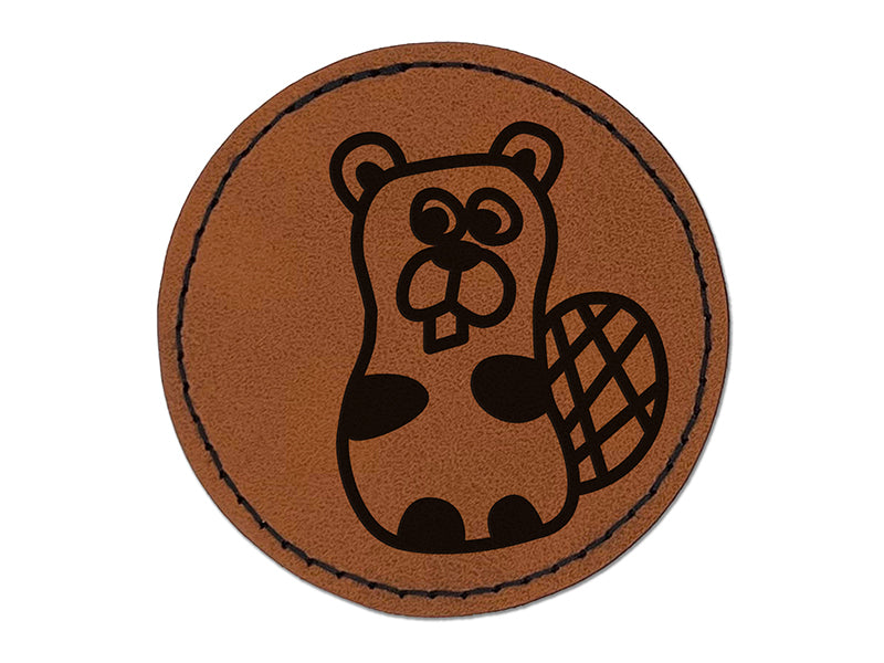 Silly Beaver Doodle Round Iron-On Engraved Faux Leather Patch Applique - 2.5"