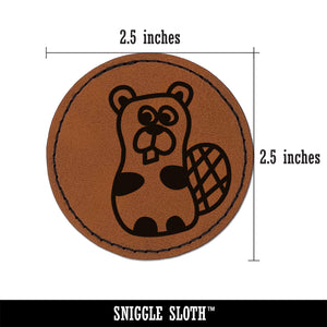 Silly Beaver Doodle Round Iron-On Engraved Faux Leather Patch Applique - 2.5"