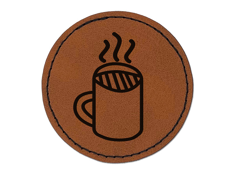 Steaming Coffee Mug Doodle Round Iron-On Engraved Faux Leather Patch Applique - 2.5"