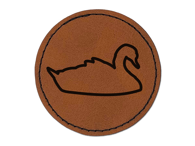 Swan Swimming Outline Round Iron-On Engraved Faux Leather Patch Applique - 2.5"