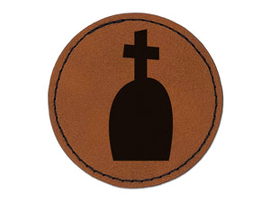 Tombstone Grave with Cross Halloween Round Iron-On Engraved Faux Leather Patch Applique - 2.5"