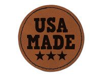 USA Made with Stars Fun Text Round Iron-On Engraved Faux Leather Patch Applique - 2.5"