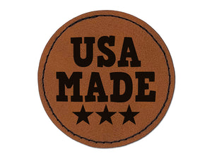 USA Made with Stars Fun Text Round Iron-On Engraved Faux Leather Patch Applique - 2.5"