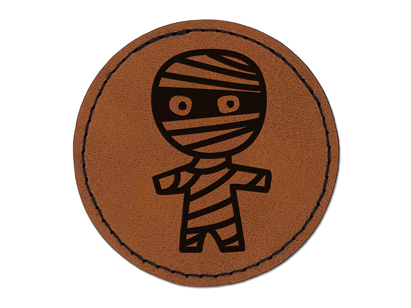 Wary Mummy Doodle Halloween  Round Iron-On Engraved Faux Leather Patch Applique - 2.5"