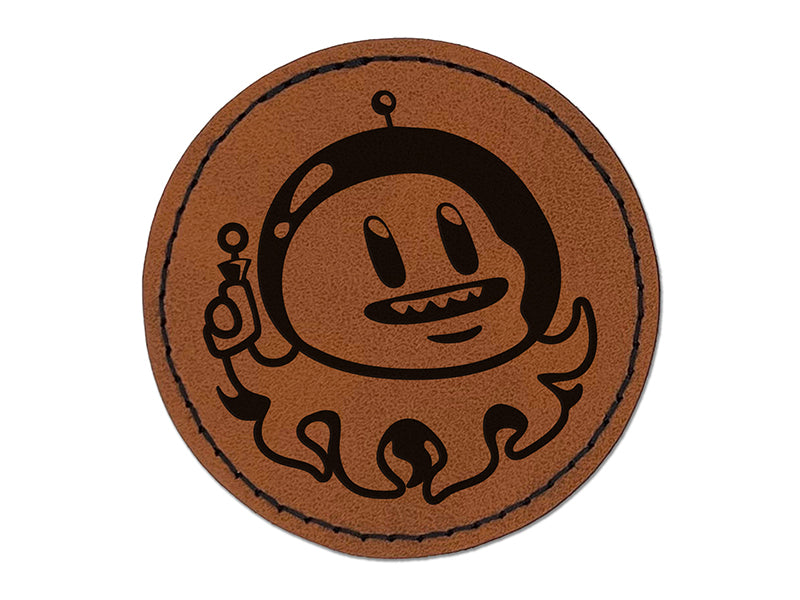 Alien Space Octopus Round Iron-On Engraved Faux Leather Patch Applique - 2.5"