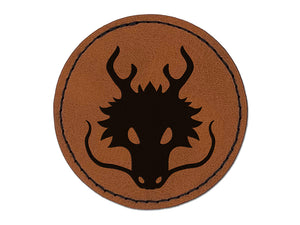 Asian Dragon Head Round Iron-On Engraved Faux Leather Patch Applique - 2.5"