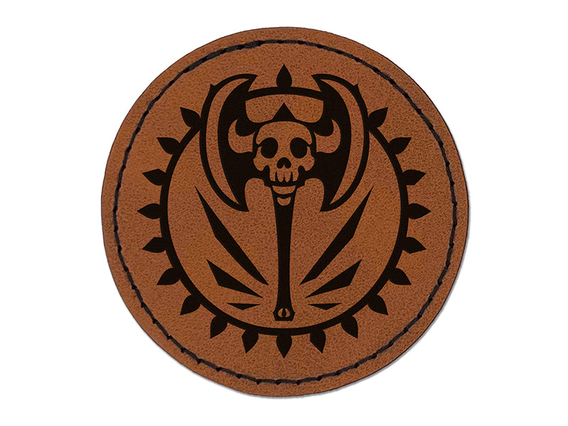 Barbarian Skull Battle Axe Round Iron-On Engraved Faux Leather Patch Applique - 2.5"