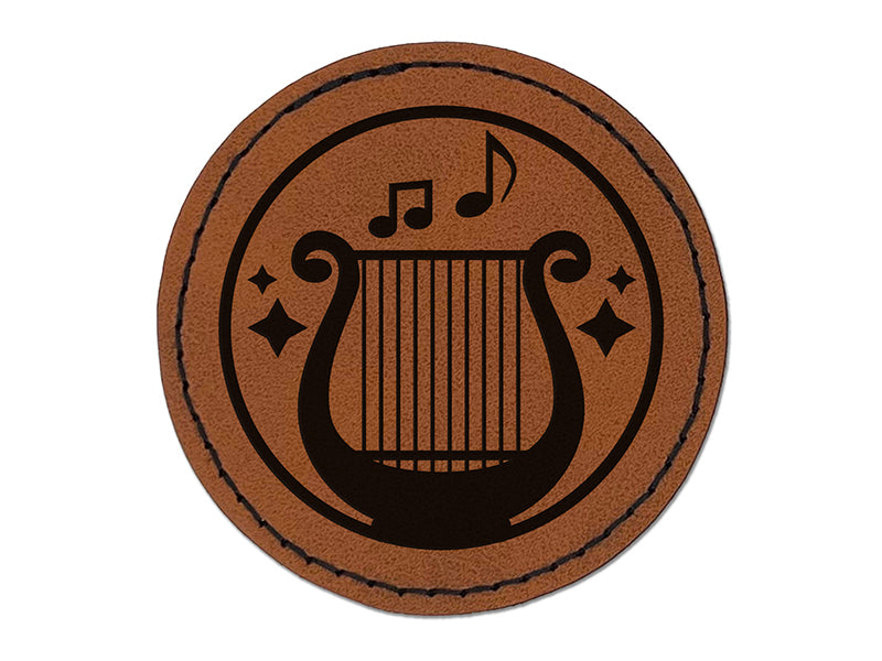 Bard Instrument Harp Lyre Round Iron-On Engraved Faux Leather Patch Applique - 2.5"