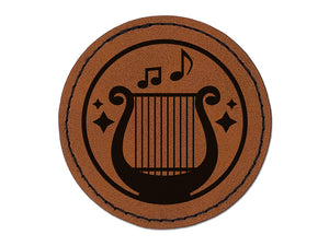 Bard Instrument Harp Lyre Round Iron-On Engraved Faux Leather Patch Applique - 2.5"