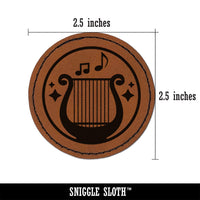 Bard Instrument Harp Lyre Round Iron-On Engraved Faux Leather Patch Applique - 2.5"